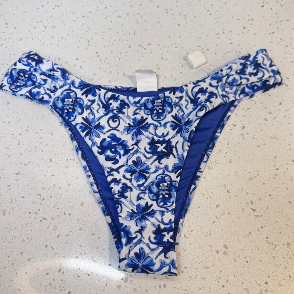 Escape to Paradise Womens Blue White Floral Tile High Leg Bikini Bottom Large